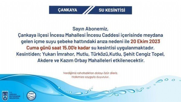  Ankaralılar Dikkat ASKİ uyardı! Bugün o ilçede su kesintisi olacak