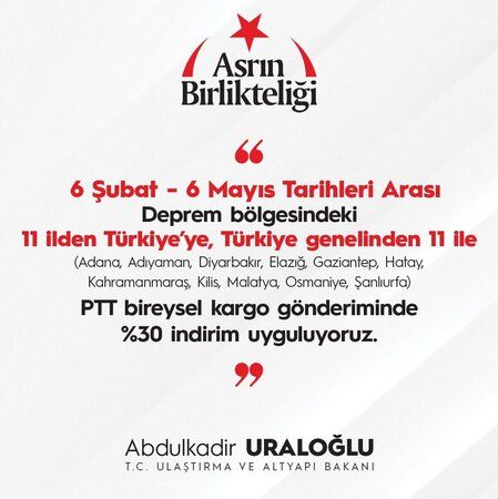  PTT Genel Müdürlüğü'nden deprem bölgesine yüzde 30 indirim kampanyası