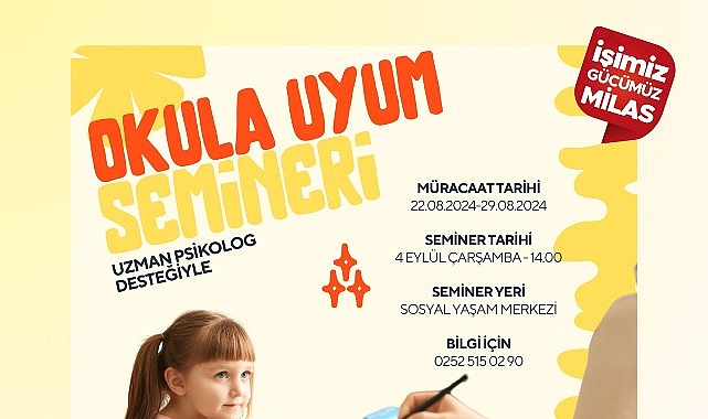  Milas Belediyesi tarafından okula yeni başlayacak öğrencilerin velileri için 'Okula Uyum Semineri' gerçekleştirilecek.